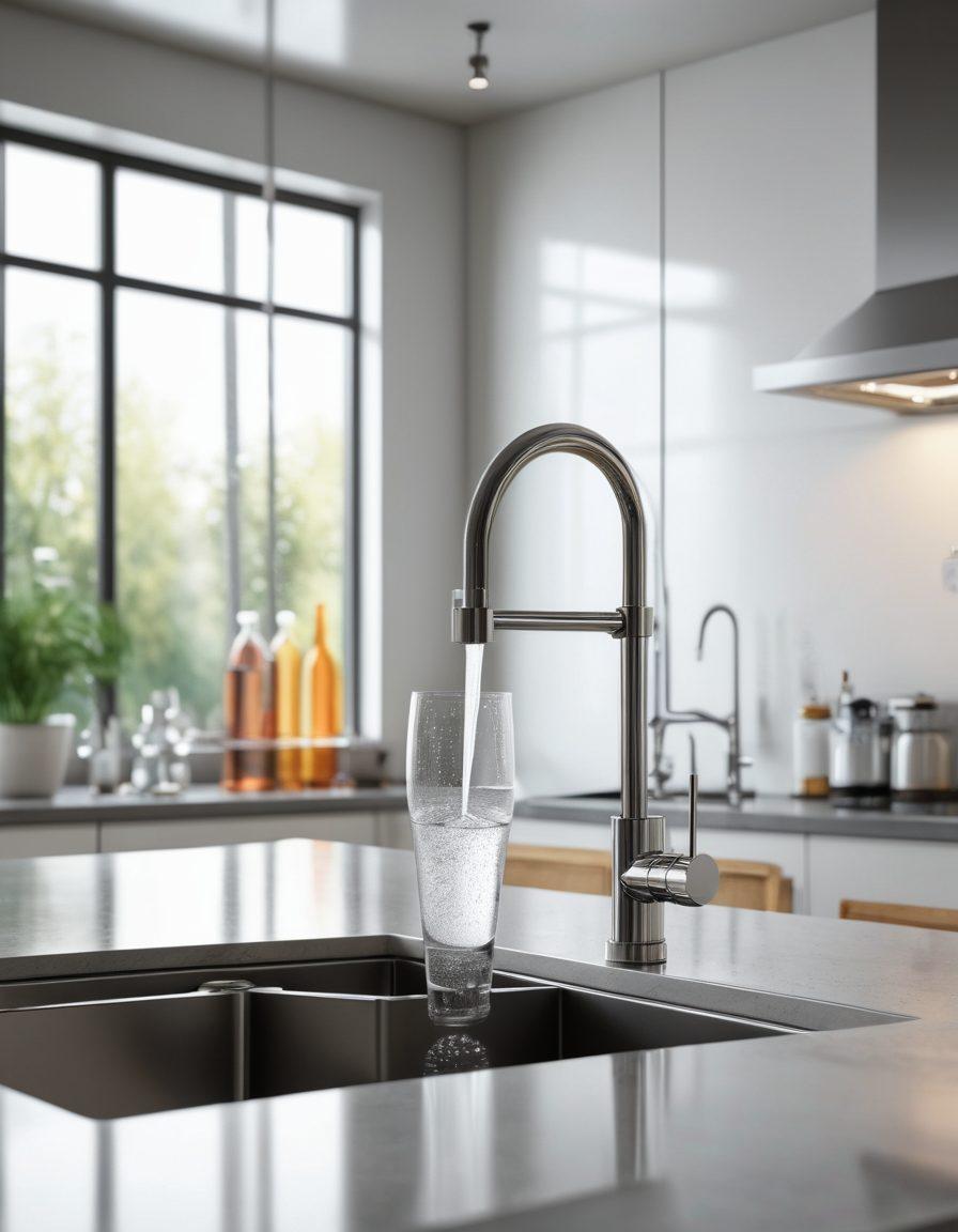 A sleek modern filtration system prominently displayed in a bright, airy kitchen setting with sparkling clean water being poured into a glass. In the background, a contrasting industrial environment shows advanced filtration equipment and pipes, symbolizing both home and industry applications. Soft lighting enhances the purity theme, with small droplets of water glistening. super-realistic. vibrant colors. 3D.