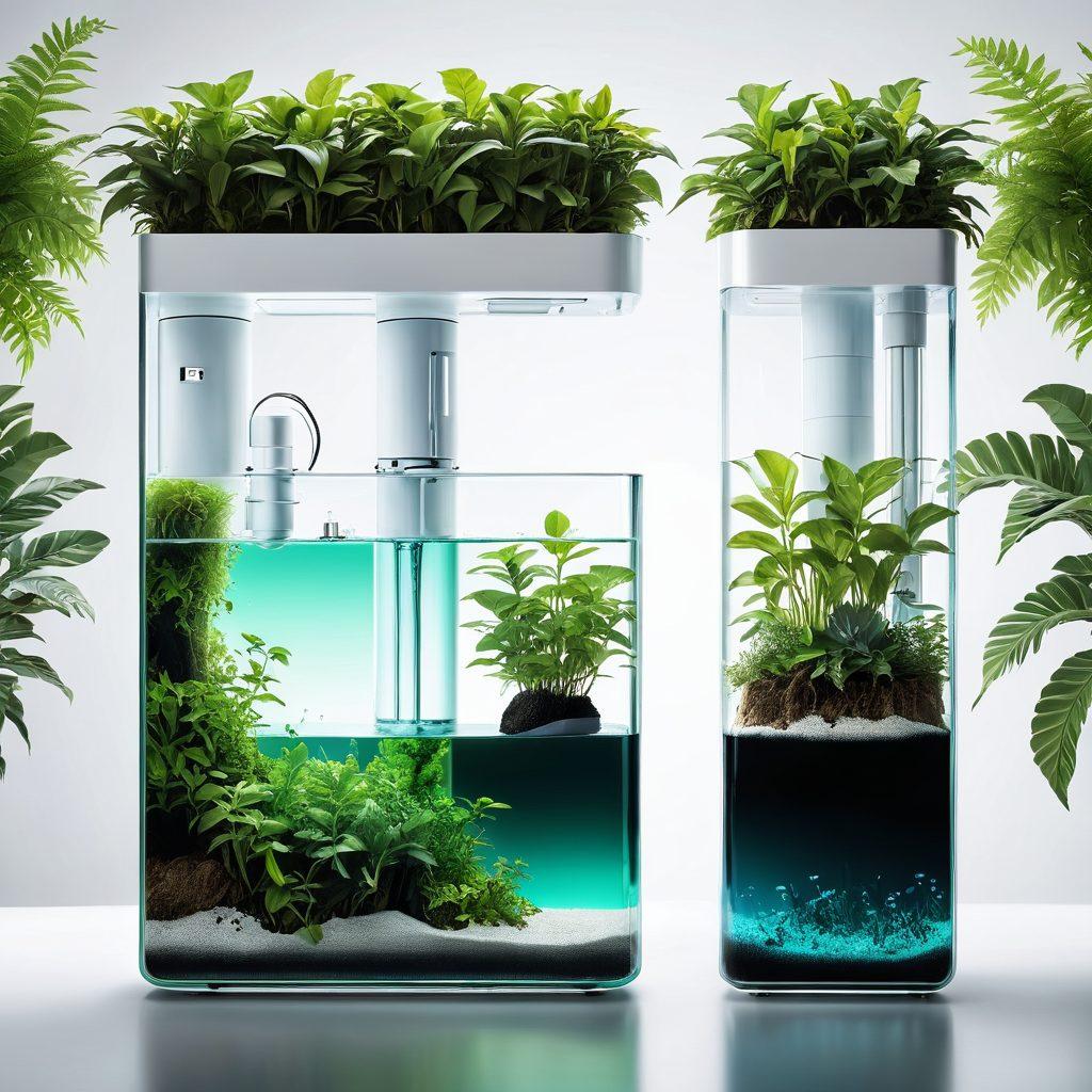 A split image showcasing a serene water purification process on one side, with clear water filtering through modern technology and plants thriving nearby, and on the other side, a futuristic air purification system with vibrant green plants and clean air visuals. A soft gradient transitions between the two halves, symbolizing the connection between water and air purification. Elements include sleek machinery, nature, and innovation. super-realistic. vibrant colors. white background.