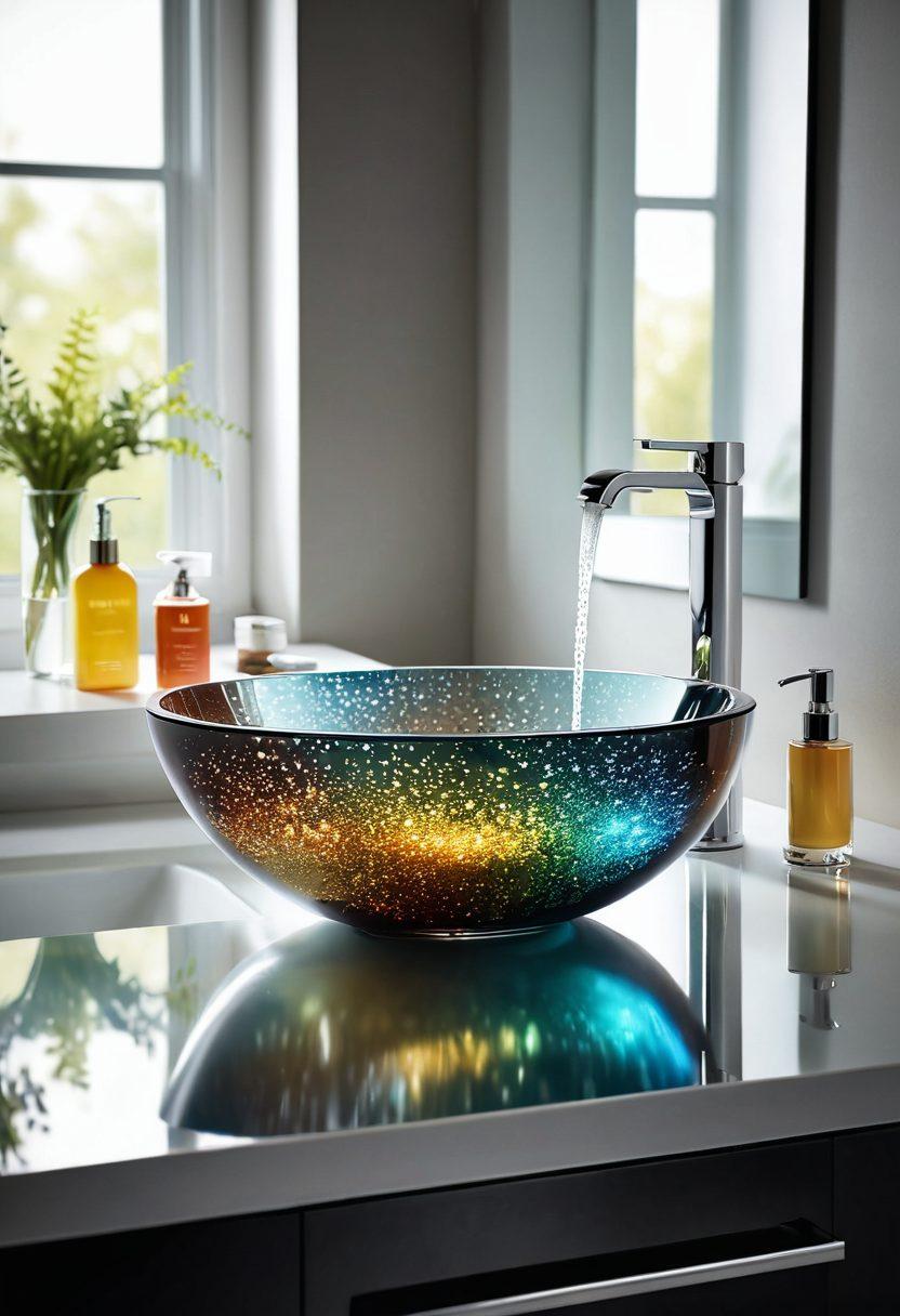 A sleek, modern bathroom countertop adorned with various elegant filter products, showcasing diverse shapes and colors. In the background, a sparkling clean sink with a reflection of sunlight cascading through a window, emphasizing cleanliness and freshness. A helpful infographic element subtly integrated, illustrating tips on selecting the right filter products. super-realistic. vibrant colors. soft lighting.